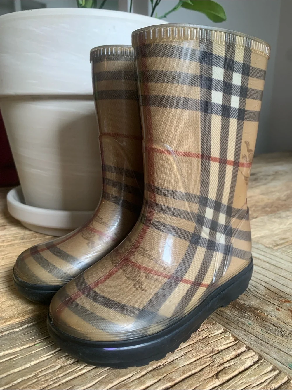Burberry Beige Nova Check Kids Rain Boots with Black Soles 8.5